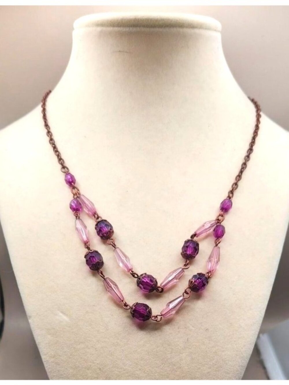 Vintage Purple & Pink Glass Bead Two-Strand Necklace With Copper-Tone Chain